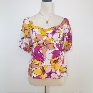 Nine West Floral Puff Sleeve Peplum Blouse Size XS
